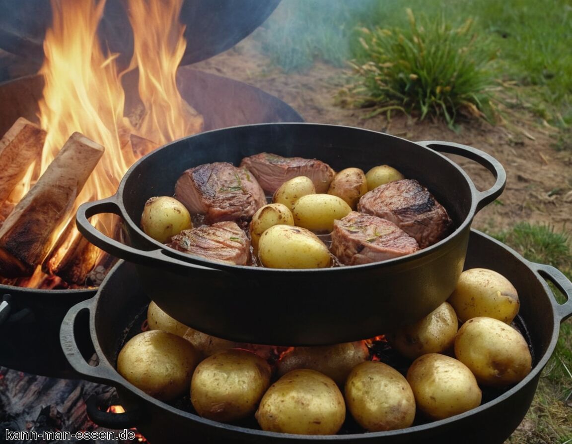 Hinzufügen der Kartoffeln und Gewürze - Köstliches Dutch Oven Rezept - Fleisch und Kartoffeln!